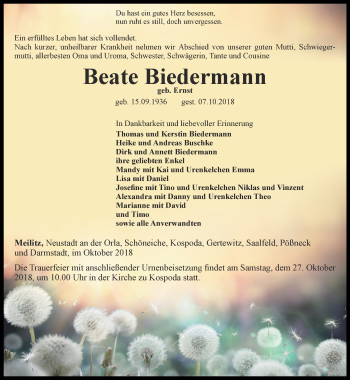 Traueranzeige von Beate Biedermann