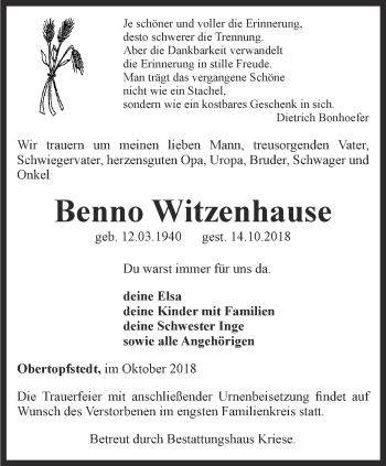 Traueranzeige von Benno Witzenhause von Thüringer Allgemeine