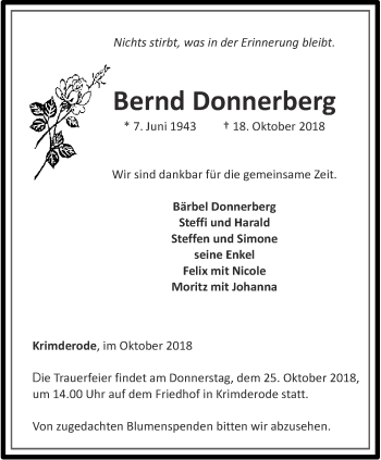 Traueranzeige von Bernd Donnerberg von Thüringer Allgemeine