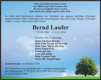 Traueranzeige von Bernd Laufer von Ostthüringer Zeitung, Thüringische Landeszeitung