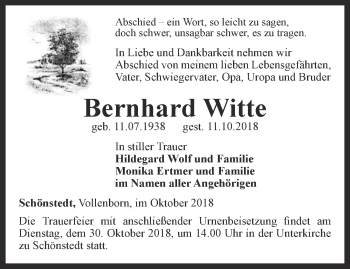 Traueranzeige von Bernhard Witte von Thüringer Allgemeine, Thüringische Landeszeitung