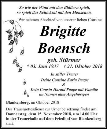 Traueranzeige von Brigitte Boensch von Ostthüringer Zeitung