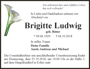 Traueranzeige von Brigitte Ludwig von Thüringer Allgemeine, Thüringische Landeszeitung
