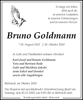 Traueranzeige von Bruno Goldmann von Thüringer Allgemeine, Thüringische Landeszeitung