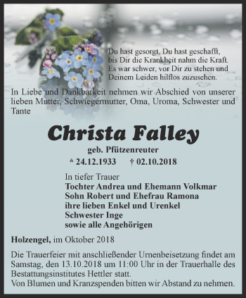 Traueranzeige von Christa Falley  von Thüringer Allgemeine