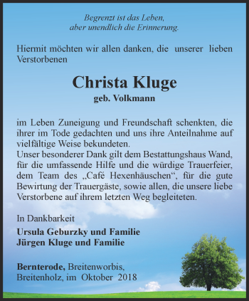 Traueranzeige von Christa Kluge von Thüringer Allgemeine