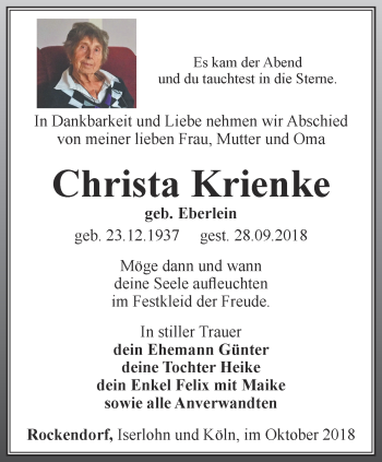 Traueranzeige von Christa Krienke von Ostthüringer Zeitung