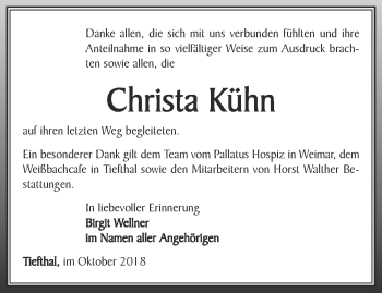 Traueranzeige von Christa Kühn von Thüringer Allgemeine, Thüringische Landeszeitung