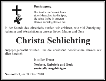 Traueranzeige von Christa Schlichting von Thüringer Allgemeine, Thüringische Landeszeitung