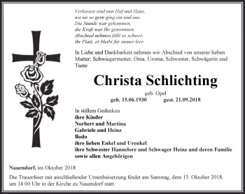 Traueranzeige von Christa Schlichting von Thüringer Allgemeine, Thüringische Landeszeitung