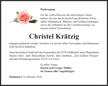 Traueranzeige von Christel Krätzig von Ostthüringer Zeitung