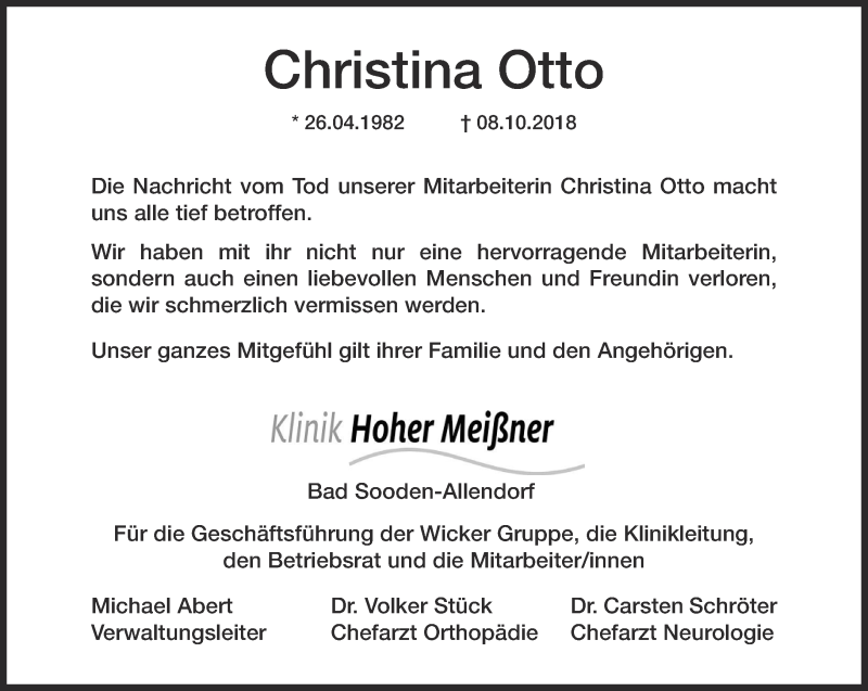  Traueranzeige für Christina Otto vom 20.10.2018 aus Thüringer Allgemeine