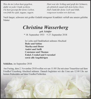 Traueranzeige von Christina Wasserberg von Ostthüringer Zeitung