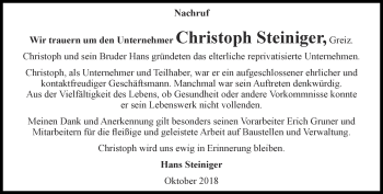 Traueranzeige von Christoph Steiniger