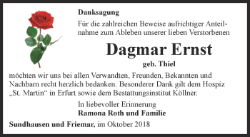 Traueranzeige von Dagmar Ernst von Ostthüringer Zeitung, Thüringische Landeszeitung