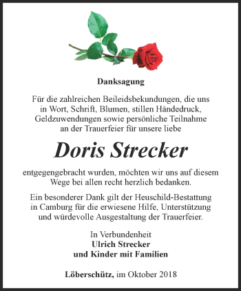 Traueranzeige von Doris Strecker von Ostthüringer Zeitung, Thüringische Landeszeitung