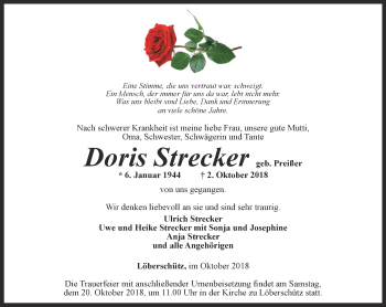 Traueranzeige von Doris Strecker von Ostthüringer Zeitung, Thüringische Landeszeitung