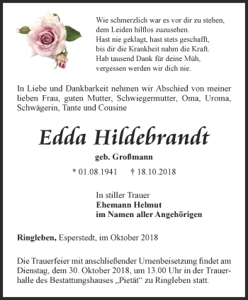 Traueranzeige von Edda Hildebrandt von Thüringer Allgemeine