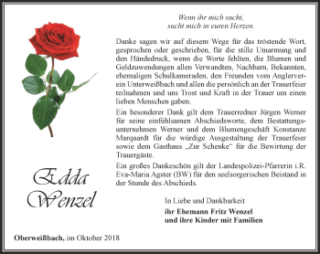 Traueranzeige von Edda Wenzel von Ostthüringer Zeitung