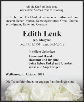 Traueranzeige von Edith Lenk von Thüringer Allgemeine