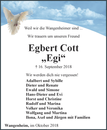 Traueranzeige von Egbert Cott von Ostthüringer Zeitung, Thüringische Landeszeitung