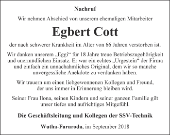 Traueranzeige von Egbert Cott von Ostthüringer Zeitung, Thüringische Landeszeitung