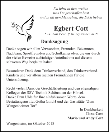 Traueranzeige von Egbert Cott von Ostthüringer Zeitung, Thüringische Landeszeitung