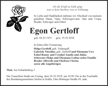 Traueranzeige von Egon Gertloff von Thüringer Allgemeine, Thüringische Landeszeitung