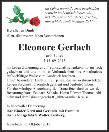 Traueranzeige von Eleonore Gerlach von Thüringer Allgemeine