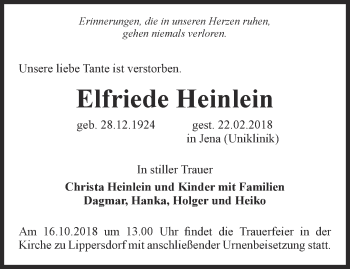 Traueranzeige von Elfriede Heinlein von Ostthüringer Zeitung