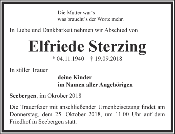 Traueranzeige von Elfriede Sterzing von Ostthüringer Zeitung, Thüringische Landeszeitung