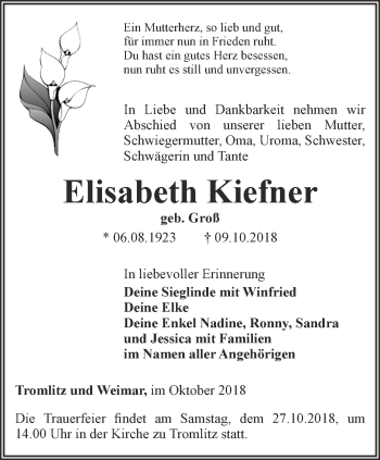 Traueranzeige von Elisabeth Kiefner von Thüringer Allgemeine, Thüringische Landeszeitung