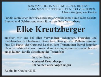 Traueranzeige von Elke Kreutzberger von Thüringer Allgemeine, Thüringische Landeszeitung