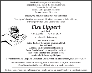 Traueranzeige von Else Lippert von Thüringer Allgemeine, Thüringische Landeszeitung