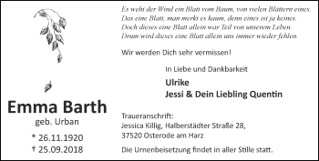 Traueranzeige von Emma Barth von Ostthüringer Zeitung, Thüringische Landeszeitung