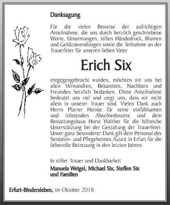 Traueranzeige von Erich Six von Thüringer Allgemeine, Thüringische Landeszeitung