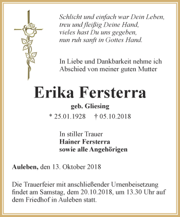 Traueranzeige von Erika Fersterra von Thüringer Allgemeine