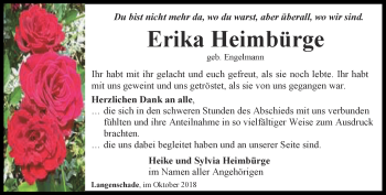 Traueranzeige von Erika Heimbürge von Ostthüringer Zeitung