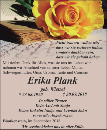 Traueranzeige von Erika Plank von Ostthüringer Zeitung