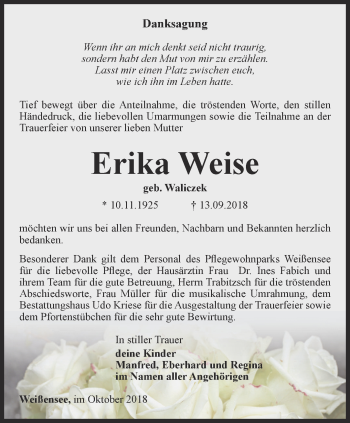 Traueranzeige von Erika Weise von Thüringer Allgemeine