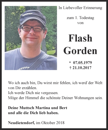 Traueranzeige von Flash Gorden von Thüringer Allgemeine, Thüringische Landeszeitung