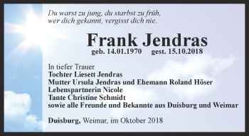 Traueranzeige von Frank Jendras von Thüringer Allgemeine, Thüringische Landeszeitung