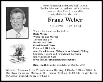 Traueranzeige von Franz Weber von Thüringer Allgemeine