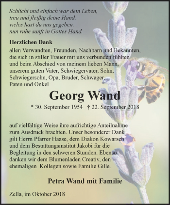 Traueranzeige von Georg Wand von Thüringer Allgemeine, Thüringische Landeszeitung