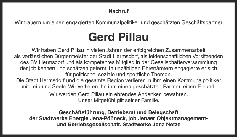  Traueranzeige für Gerd Pillau vom 13.10.2018 aus Ostthüringer Zeitung