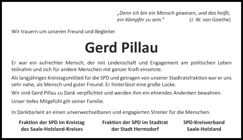  Traueranzeige für Gerd Pillau vom 15.10.2018 aus Ostthüringer Zeitung