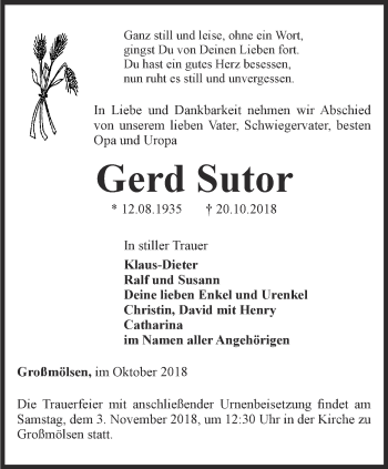 Traueranzeige von Gerd Sutor von Thüringer Allgemeine, Thüringische Landeszeitung