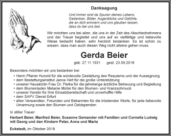 Traueranzeige von Gerda Beier von Thüringer Allgemeine, Thüringische Landeszeitung