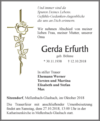 Traueranzeige von Gerda Erfurth von Ostthüringer Zeitung
