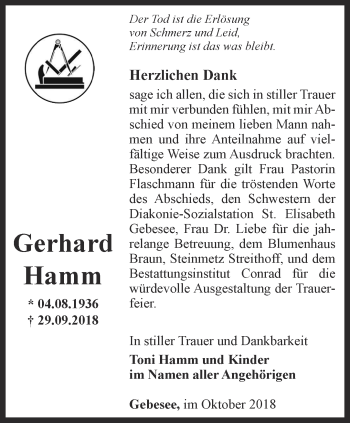 Traueranzeige von Gerhard Hamm von Thüringer Allgemeine, Thüringische Landeszeitung